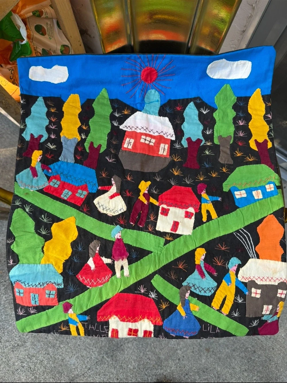 Handmade Peruvian Folk Art Appliqué Wall Hanging - Colorful Village Scene